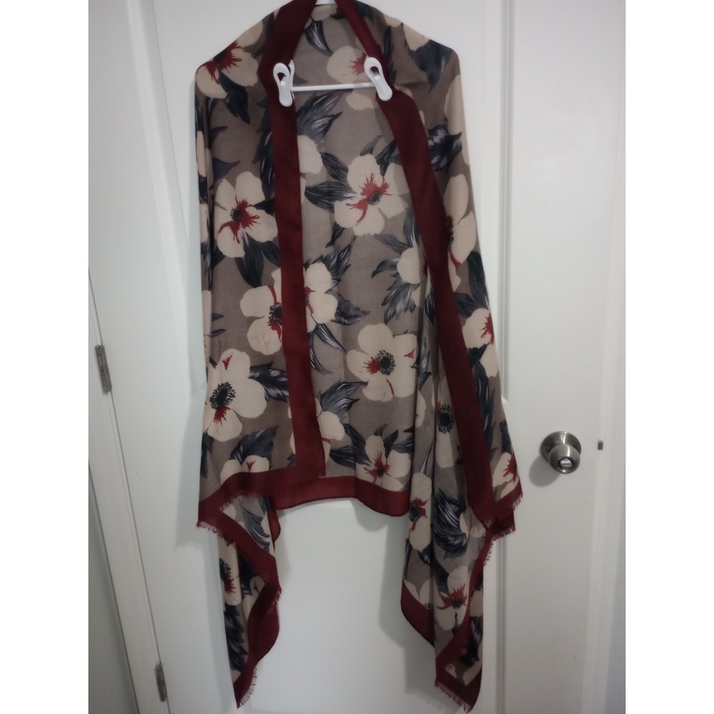 Pretty Persuasions Oversized Floral Scarf Wrap Taupe Burgundy Fringe 36 x 72...